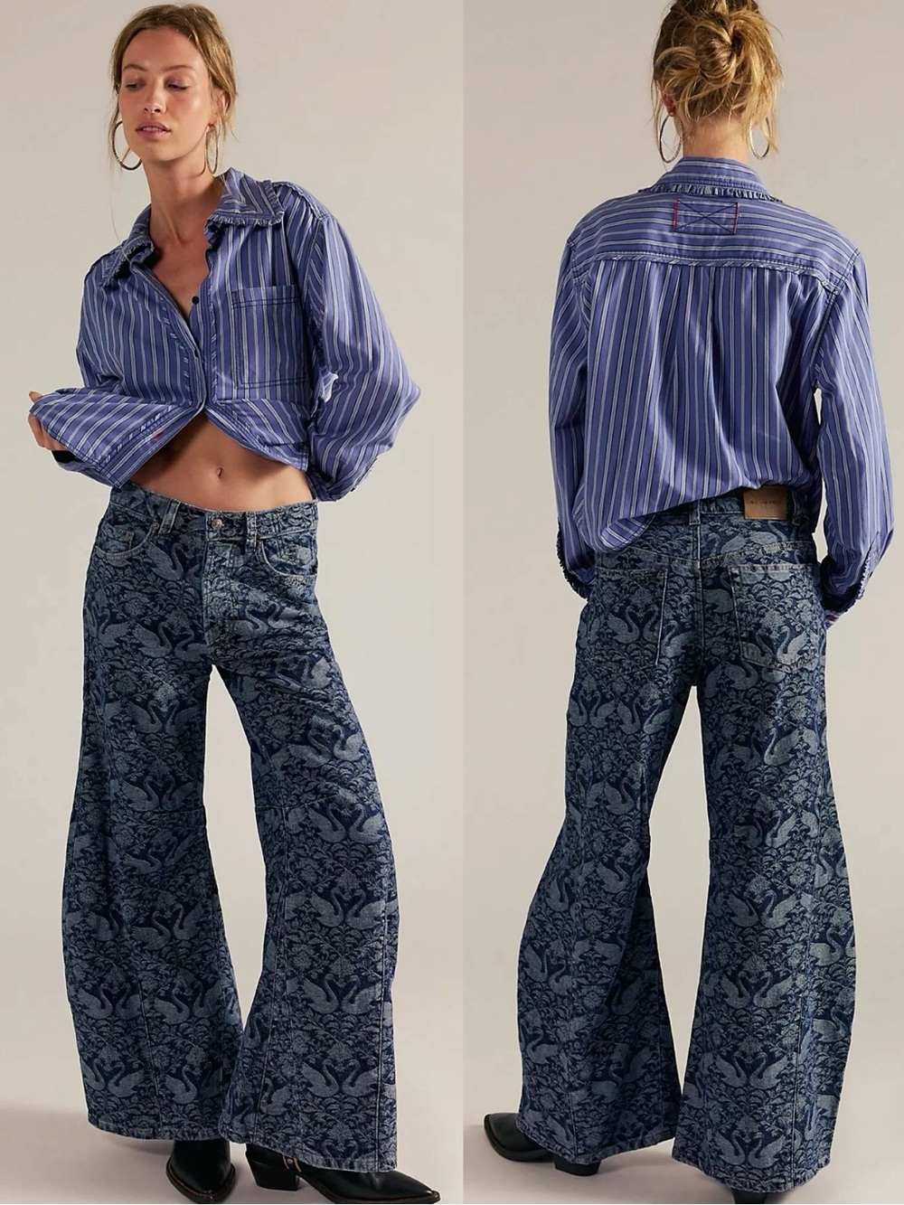 Free People Bohemian Swan Song Eden Jacquard High Slouchy Flare Jeans 33 NWT